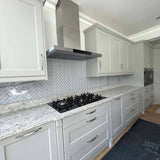 White and Black Printed Geometric Glass Kitchen Splashback - CreoGlass E-Shop