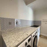 White and Black Printed Geometric Glass Kitchen Splashback - CreoGlass E-Shop