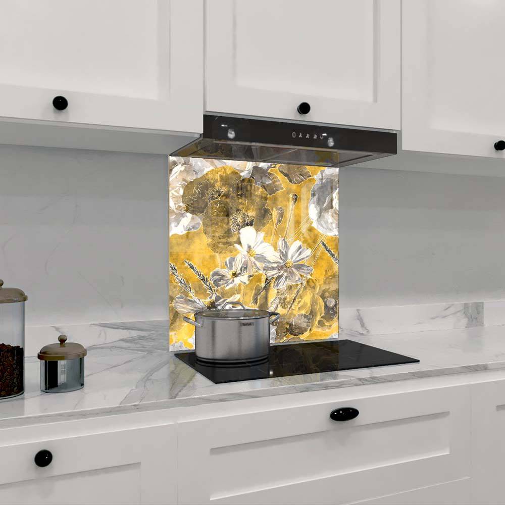 White and Yellow Flowers Printed Glass  Splashback - CreoGlass E-Shop