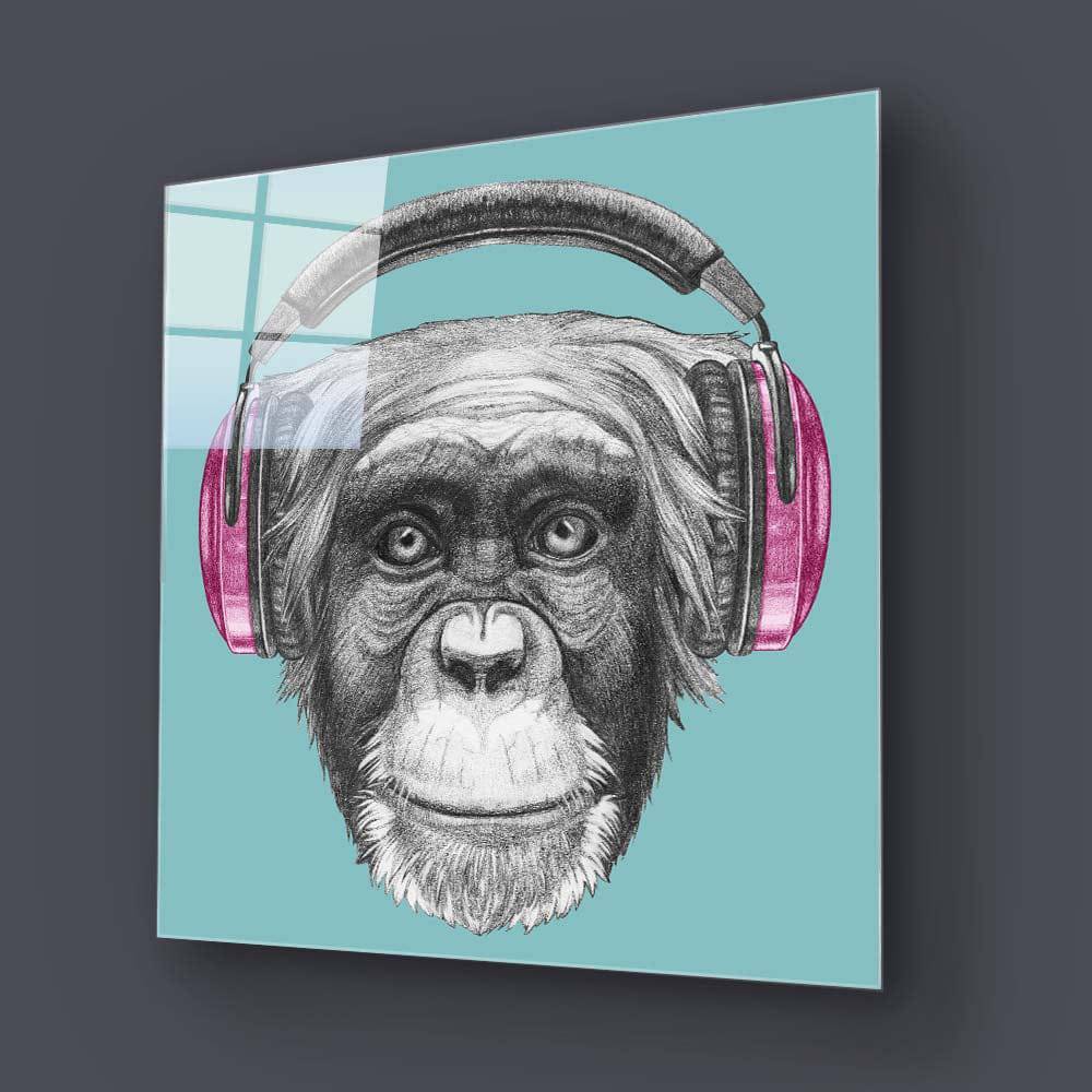 Monkey with Headphones Illustration Glass Wall Art - CreoGlass E-Shop