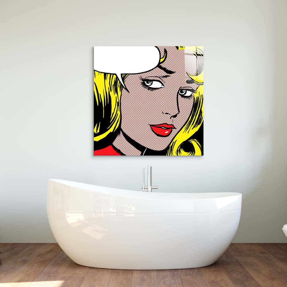 Retro Woman with Speech Bubble Glass Wall Art - CreoGlass E-Shop