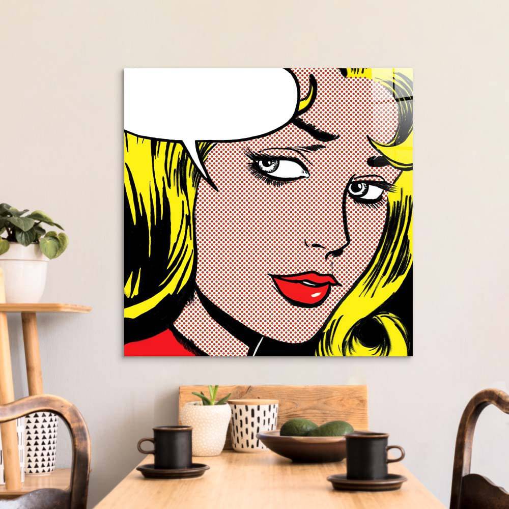 Retro Woman with Speech Bubble Glass Wall Art - CreoGlass E-Shop