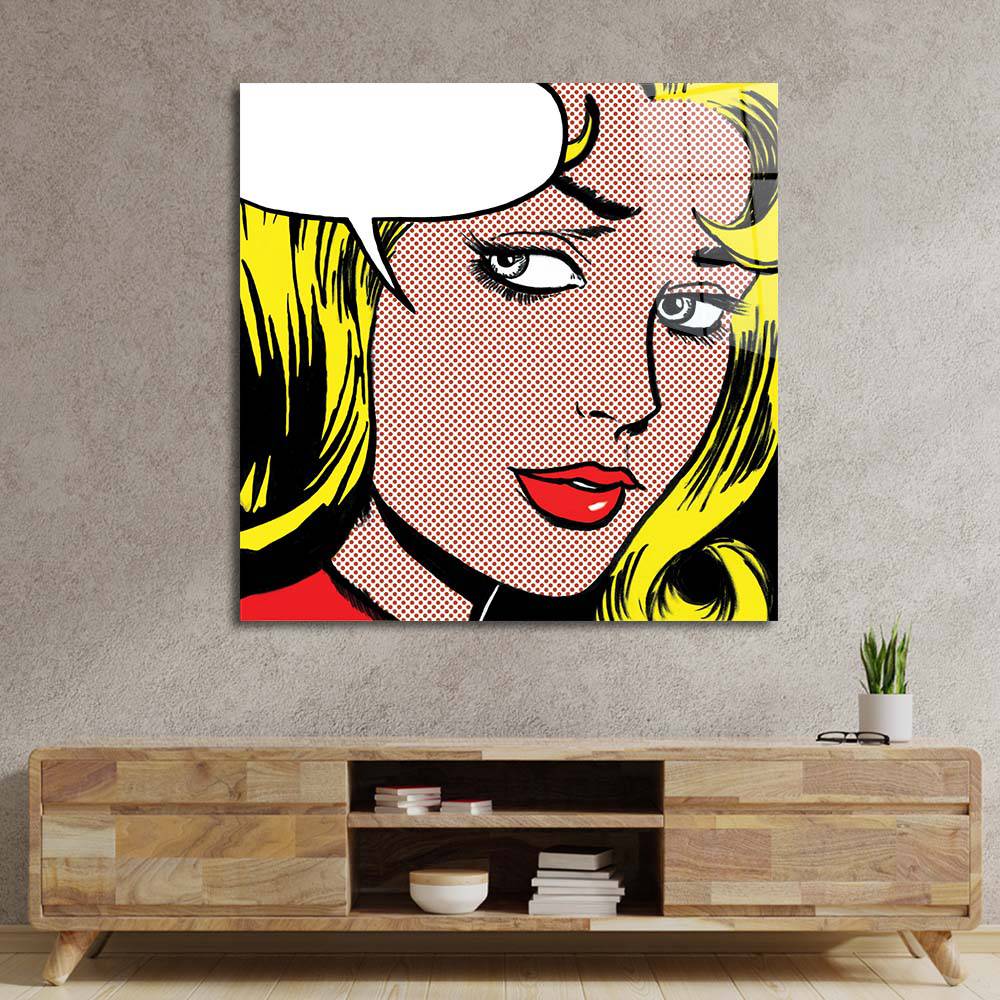 Retro Woman with Speech Bubble Glass Wall Art - CreoGlass E-Shop