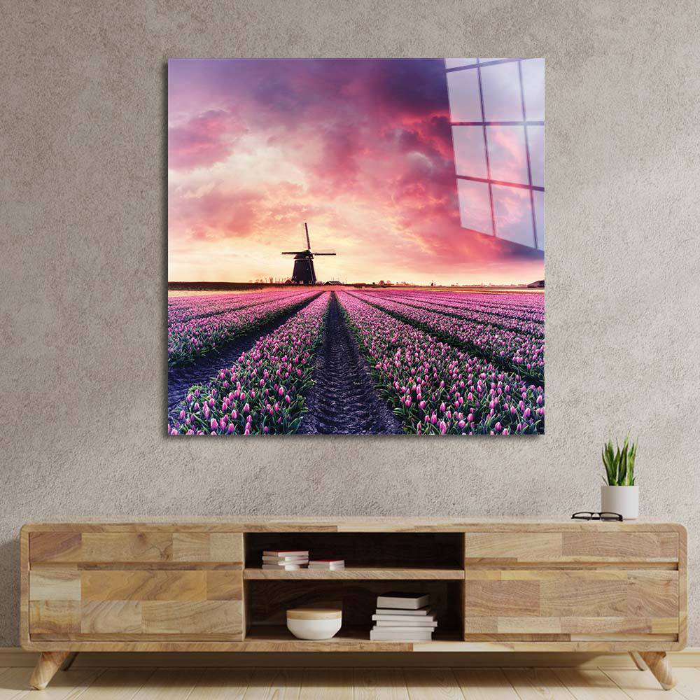 Windmill and Tulips Glass Wall Art - CreoGlass E-Shop