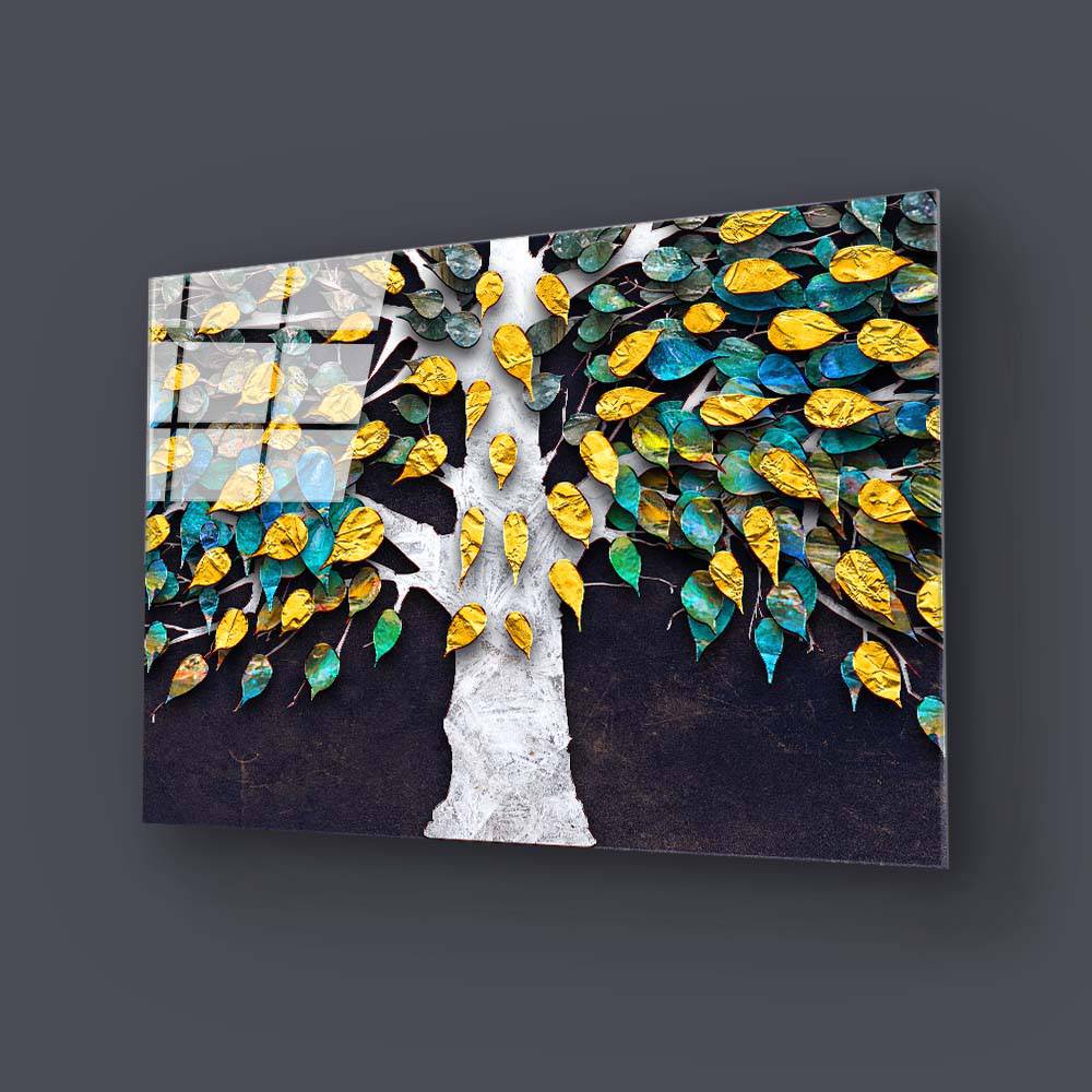 3D Tree with Gold Leaves Glass Wall Art - CreoGlass E-Shop