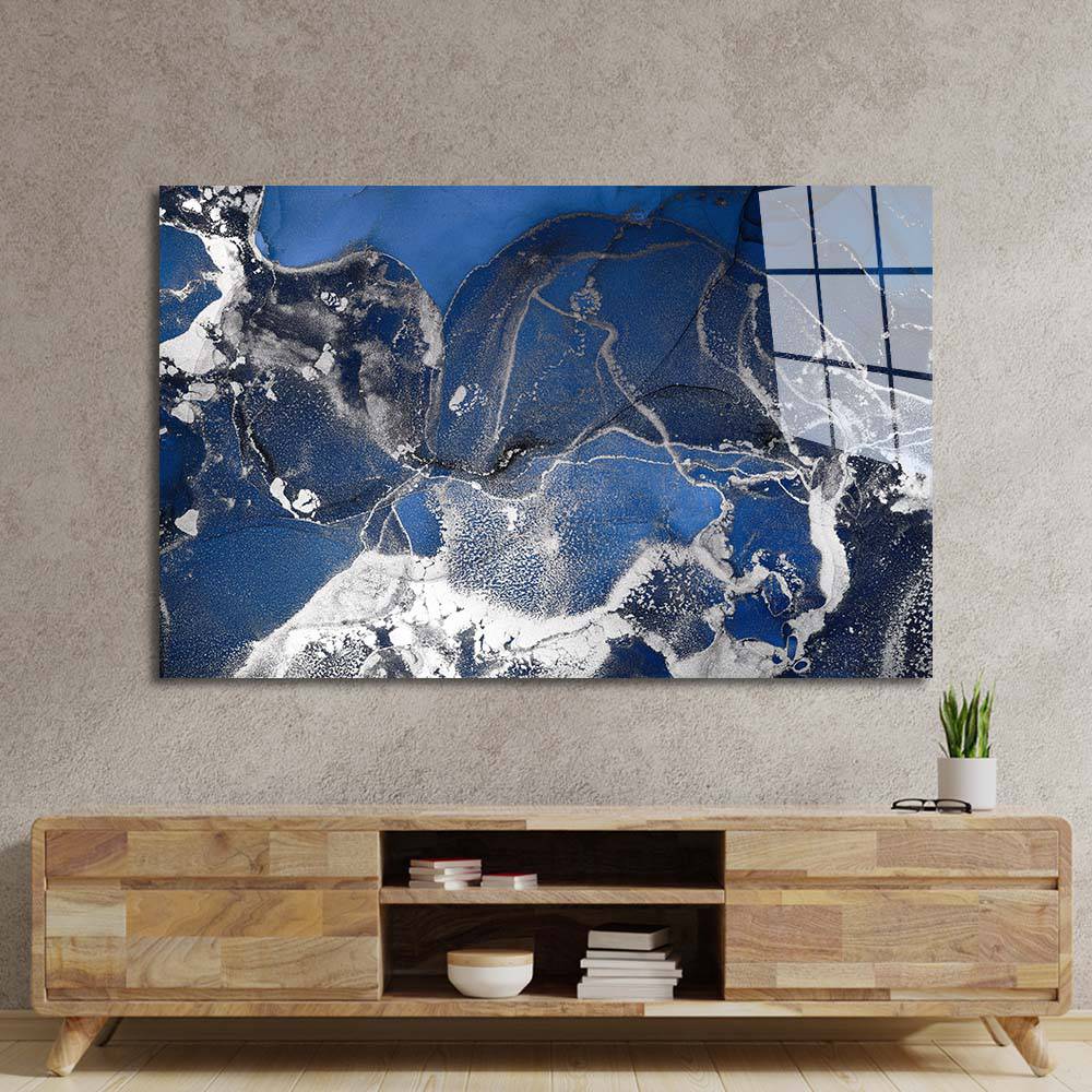 Abstract Blue and Silver Alcohol Ink Marble Glass Wall Art - CreoGlass E-Shop