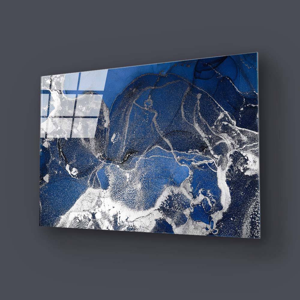 Abstract Blue and Silver Alcohol Ink Marble Glass Wall Art - CreoGlass E-Shop