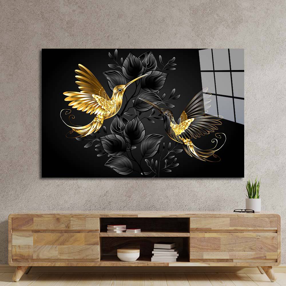 Black Gold Jewelry Humming Birds Glass Wall Art - CreoGlass E-Shop