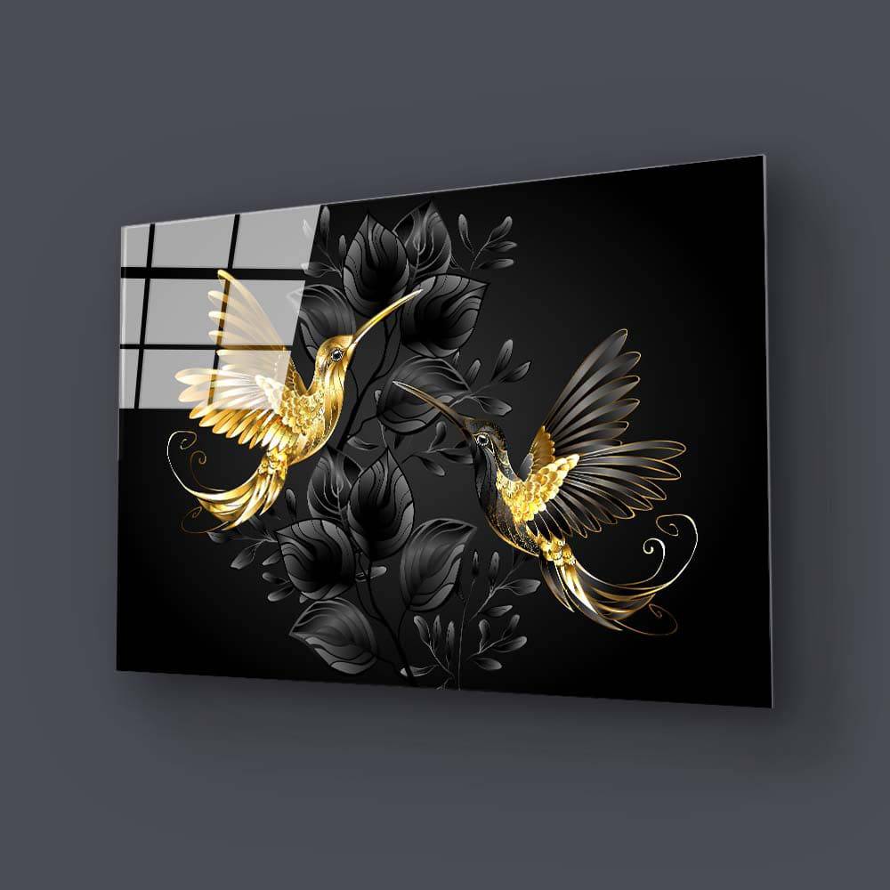 Black Gold Jewelry Humming Birds Glass Wall Art - CreoGlass E-Shop