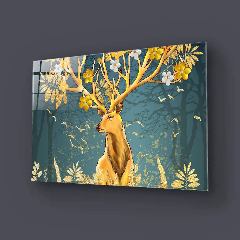 Gold Flowering Stag Glass Wall Art - CreoGlass E-Shop