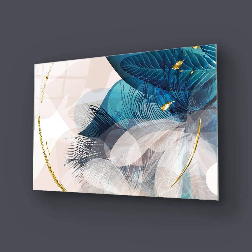 Golden Painted Circle With Turquoise Leaves Glass Wall Art - CreoGlass E-Shop