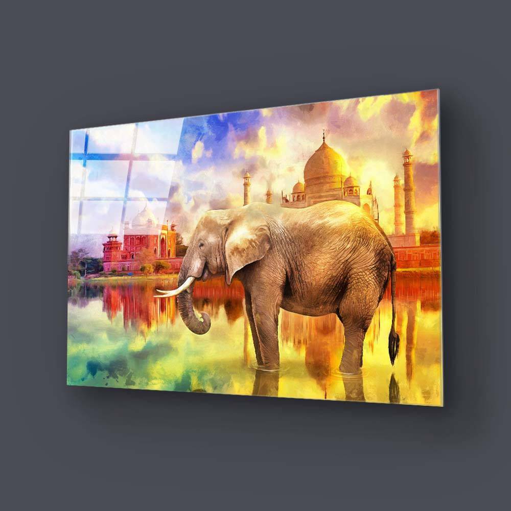 Indian Elephant and the Taj Mahal Glass Wall Art - CreoGlass E-Shop