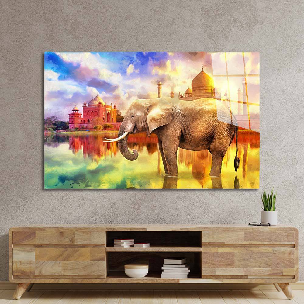 Indian Elephant and the Taj Mahal Glass Wall Art - CreoGlass E-Shop