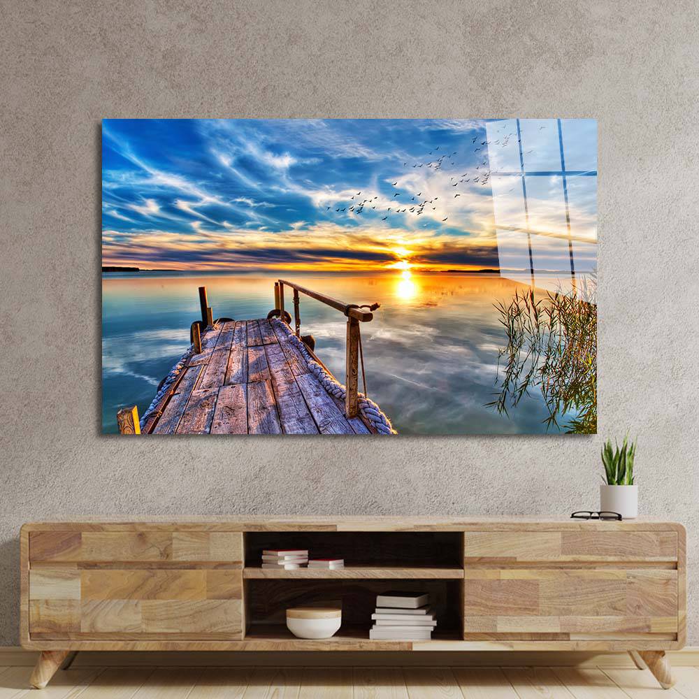 Lake Dock During Sunset Glass Wall Art - CreoGlass E-Shop