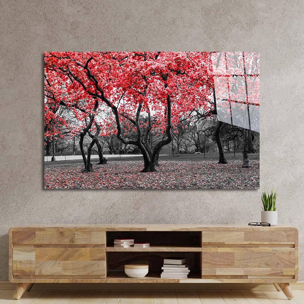 Red Leaves Trees in Park Glass Wall Art - CreoGlass E-Shop
