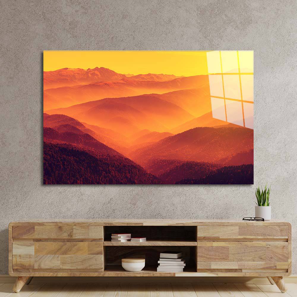 Sunset Mountain Forest Glass Wall Art - CreoGlass E-Shop