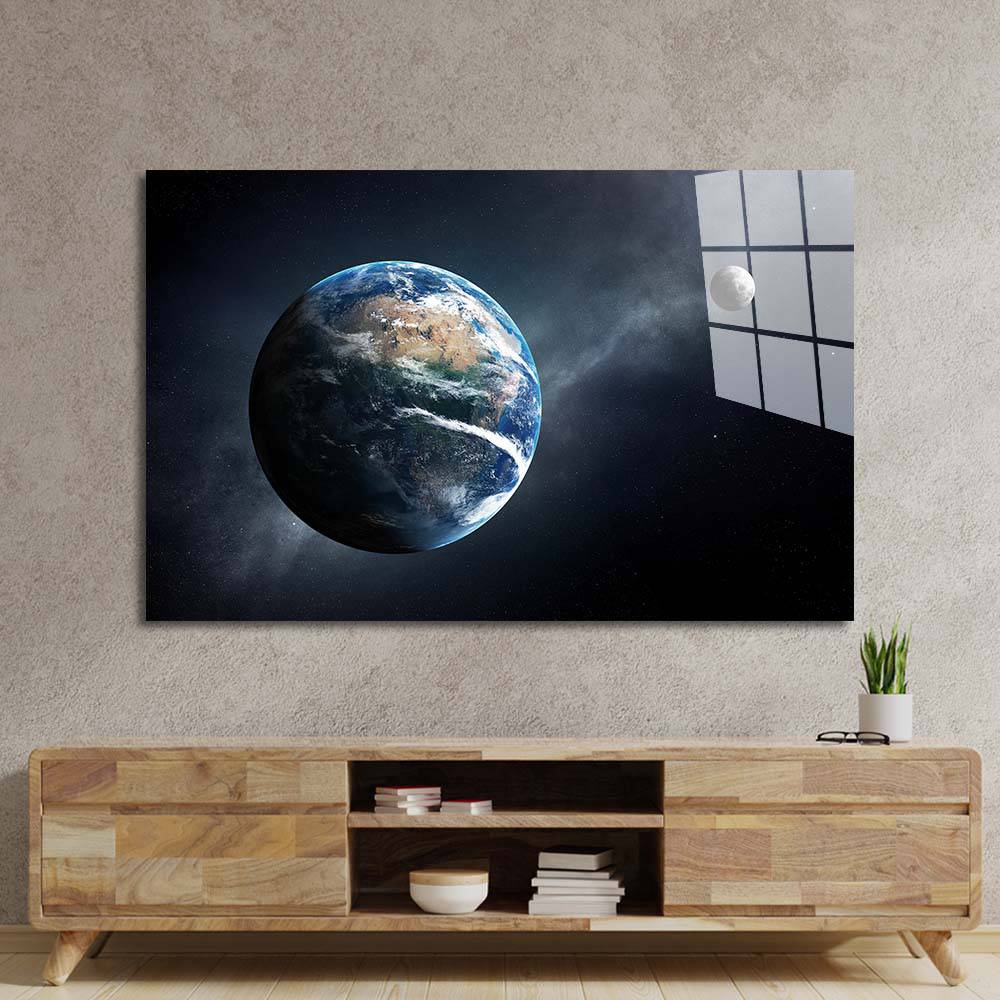 The Earth and Moon with the Milky Way Glass Wall Art - CreoGlass E-Shop