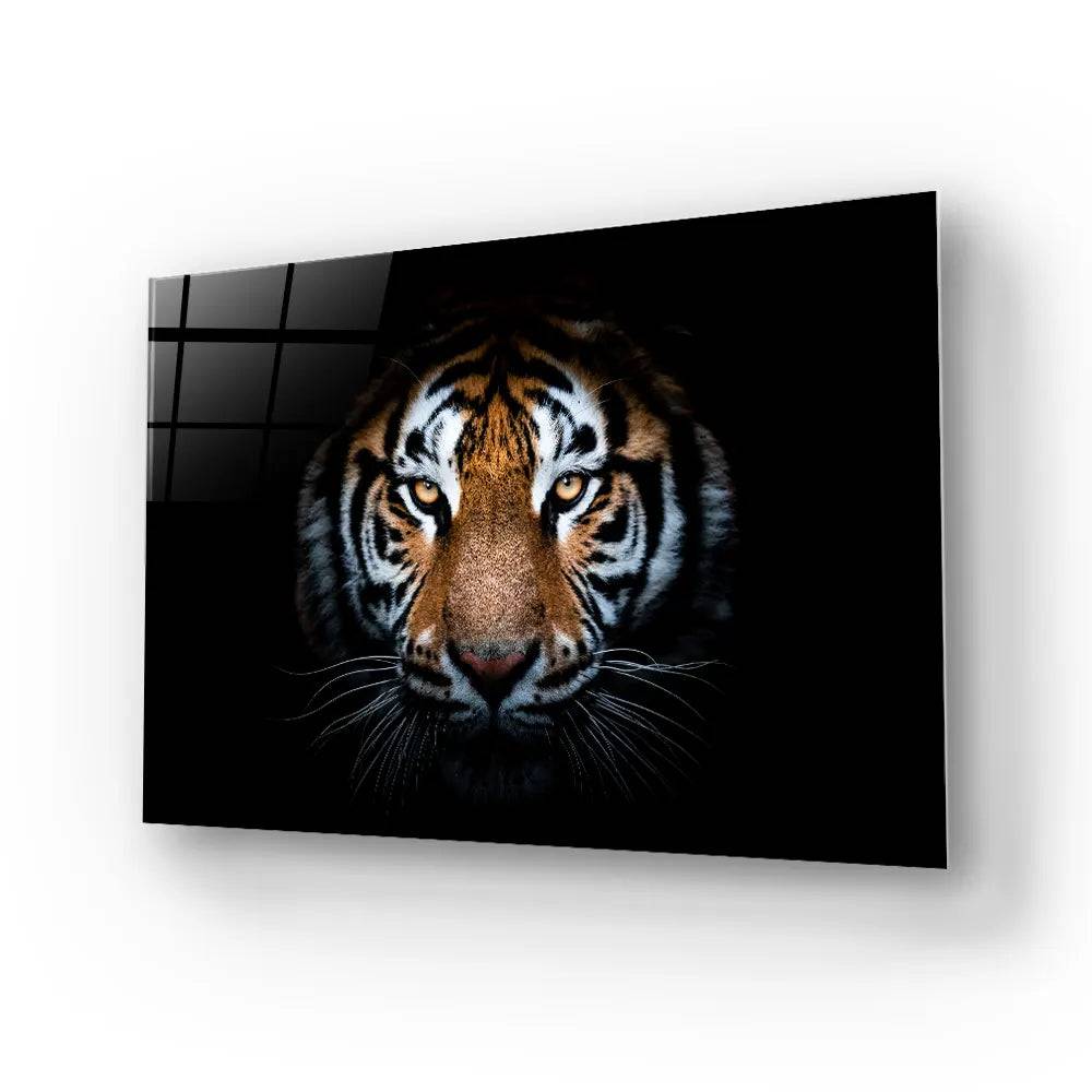 Tiger Portrait On Black Background Glass Wall Art - CreoGlass E-Shop