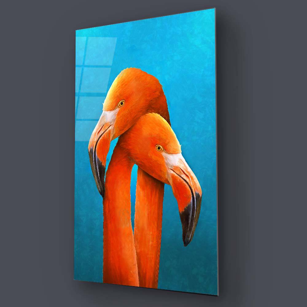 Two Orange Flamingos Painting Glass Wall Art - CreoGlass E-Shop