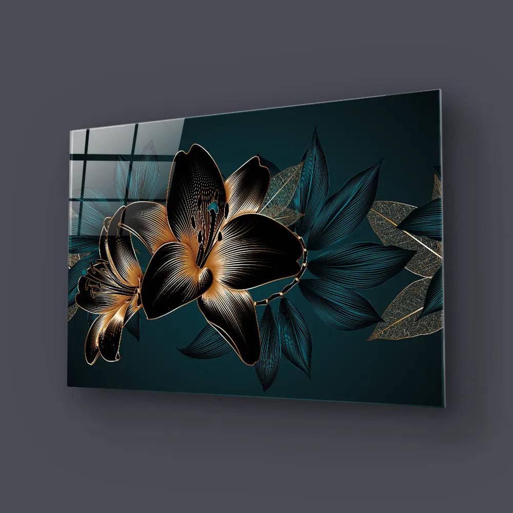 Vintage Elegant Luxury Gold Background Hand Drawn Lily Flower Glass Wall Art - CreoGlass E-Shop
