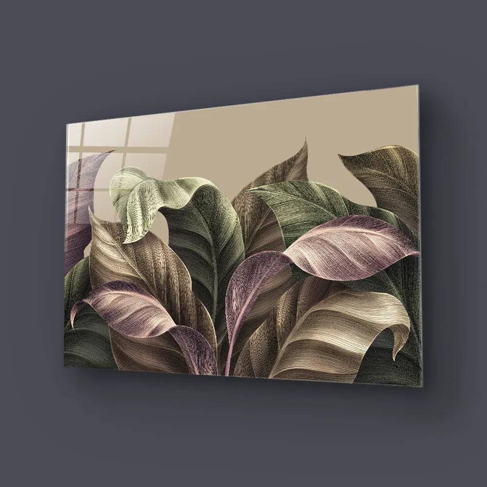 Vintage Tropical Green Brown Leaves Glass Wall Art - CreoGlass E-Shop