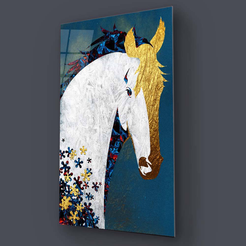 White and Gold Horse Collage Glass Wall Art - CreoGlass E-Shop