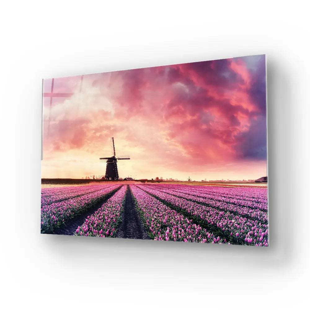 Windmill And Tulips Glass Wall Art - CreoGlass E-Shop