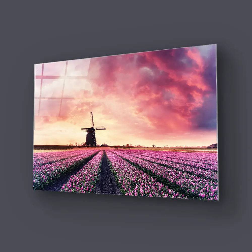 Windmill And Tulips Glass Wall Art - CreoGlass E-Shop