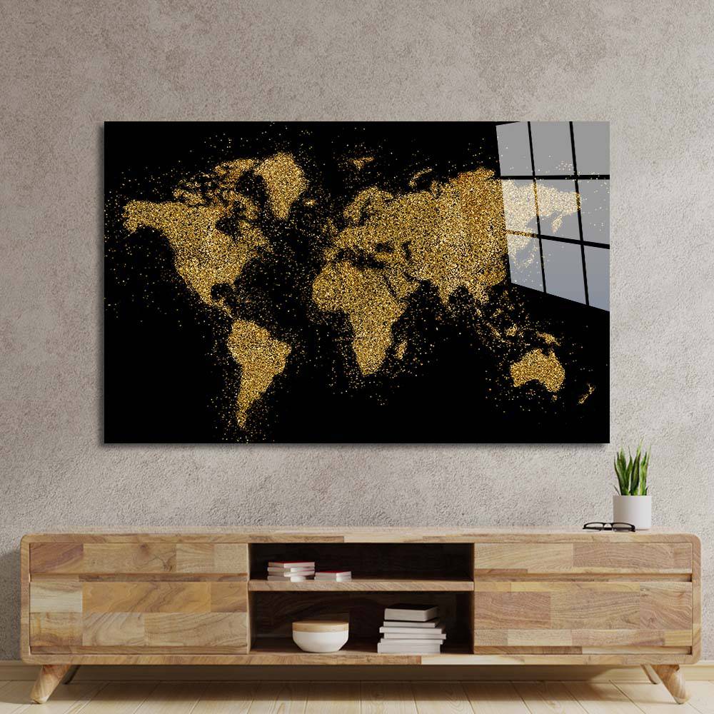 World Map in Black and Gold Glass Wall Art - CreoGlass E-Shop