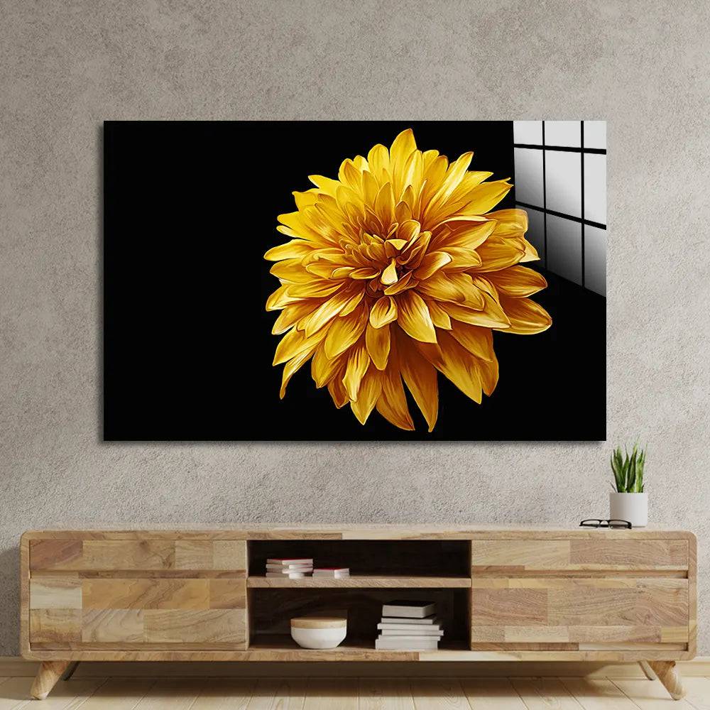 Yellow Chrysanthemum With Black Background Glass Wall Art - CreoGlass E-Shop