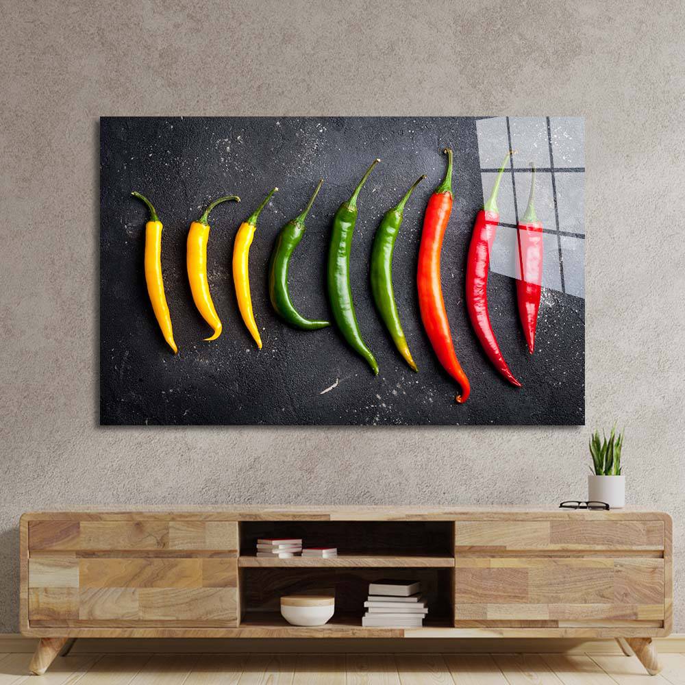 Yellow, Green and Red Peppers Glass Wall Art - CreoGlass E-Shop