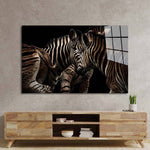 Zebra Family Close Up Black Background Glass Wall Art - CreoGlass E-Shop