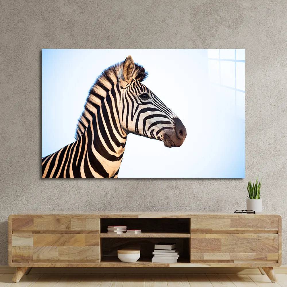 Zebra Portrait Blue Sky Background Glass Wall Art - CreoGlass E-Shop