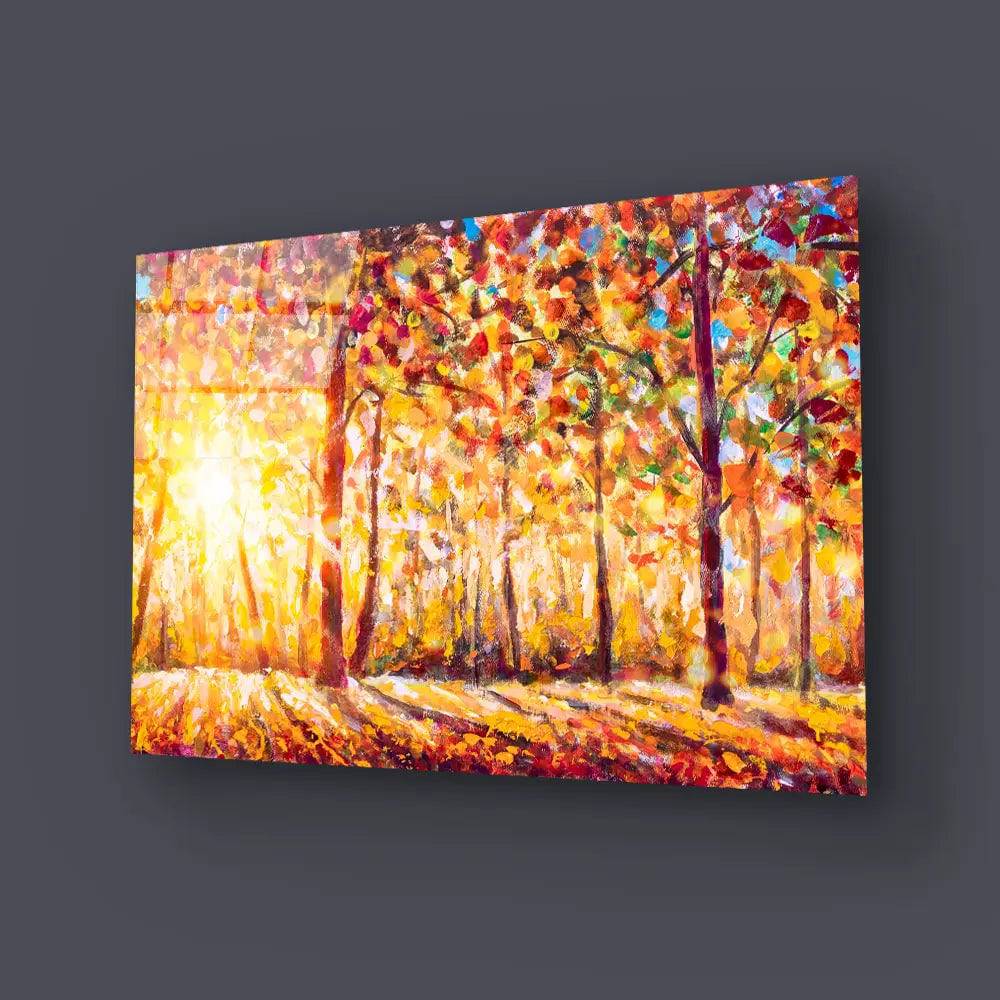 Autumn Panorama Sunny Forest Trees Glass Wall Art - CreoGlass E-Shop