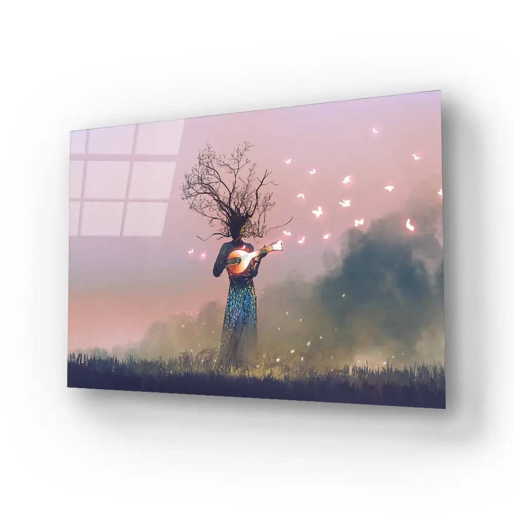 Creature Branch Head Playing Magic Banjo String Instrument Butterflies Glass Wall Art - CreoGlass E-Shop