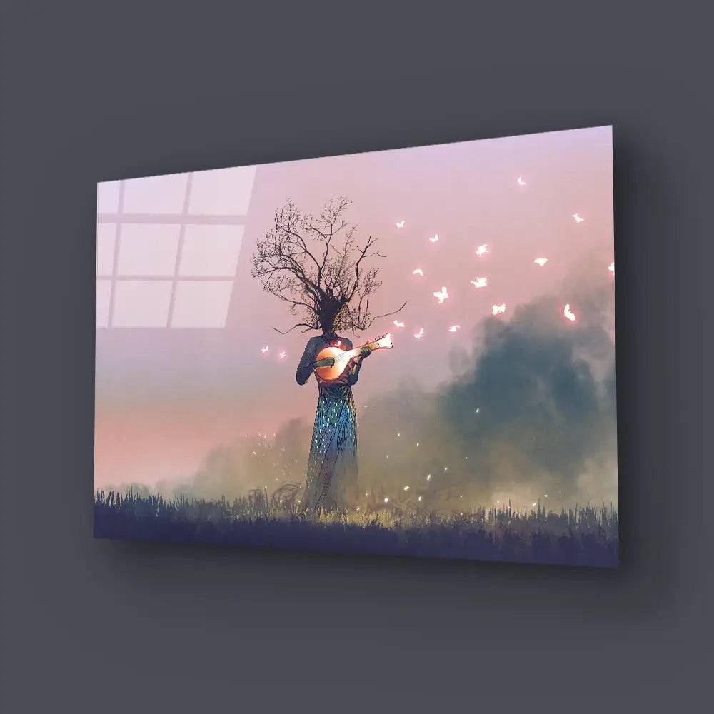 Creature Branch Head Playing Magic Banjo String Instrument Butterflies Glass Wall Art - CreoGlass E-Shop