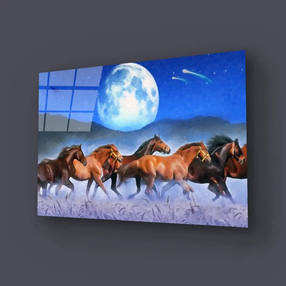 Horses Wheat Moon Glass Wall Art - CreoGlass E-Shop