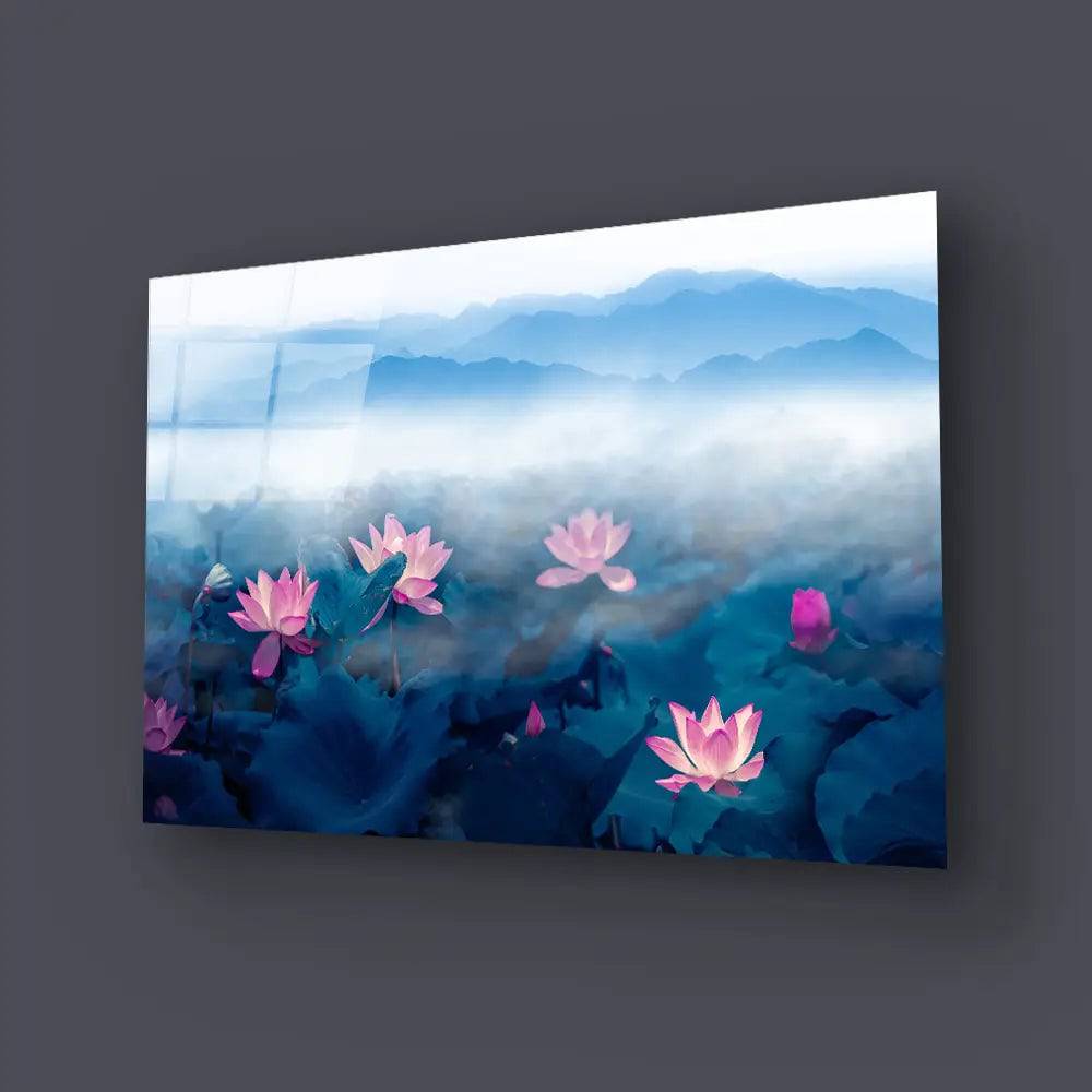 Lotus Pond Distant Mountain Fog Clouds Glass Wall Art - CreoGlass E-Shop