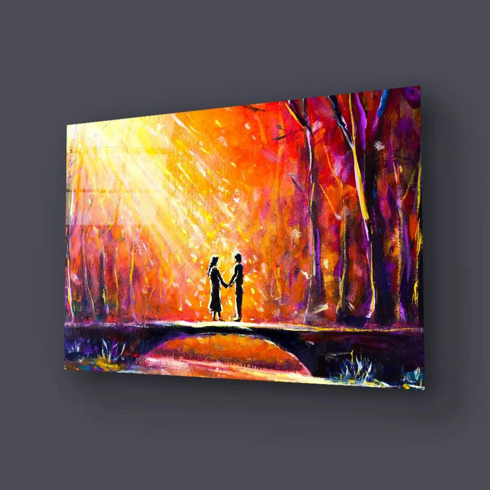Lovers Bridge Woods Night Romantic Rays Lovers Glass Wall Art - CreoGlass E-Shop