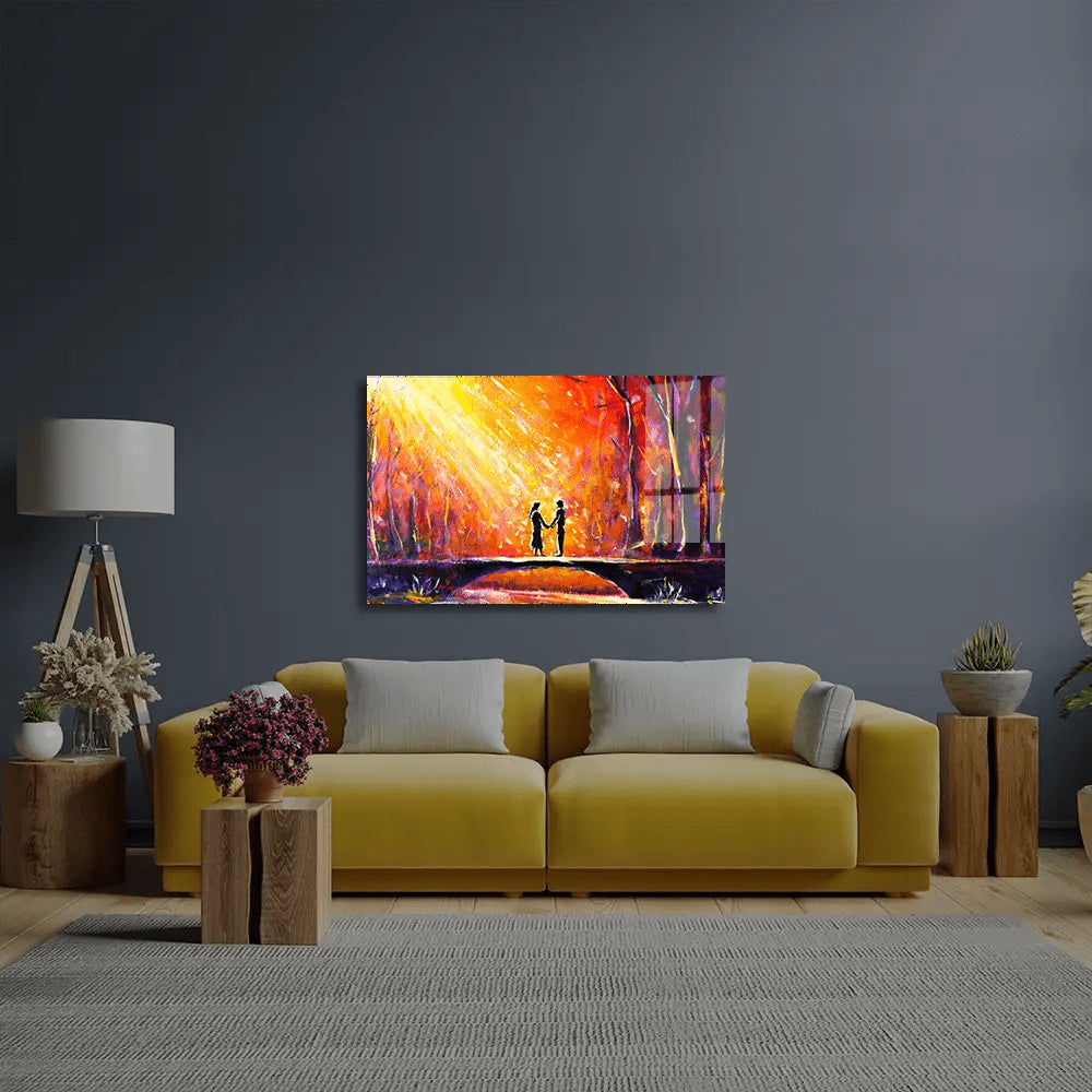 Lovers Bridge Woods Night Romantic Rays Lovers Glass Wall Art - CreoGlass E-Shop