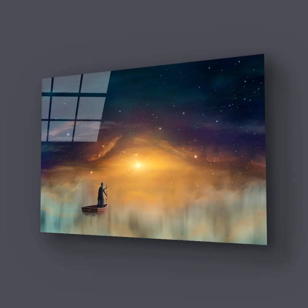 Man Cowl Magician Floating Ship Clouds Sunset Sky Stars Glass Wall Art - CreoGlass E-Shop