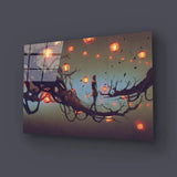 Man Walking Tree Branch Many Red Lanterns Glass Wall Art - CreoGlass E-Shop