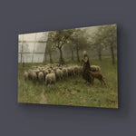 Shepherdess Flock Sheep Glass Wall Art - CreoGlass E-Shop