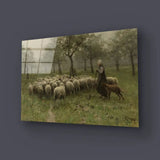 Shepherdess Flock Sheep Glass Wall Art - CreoGlass E-Shop