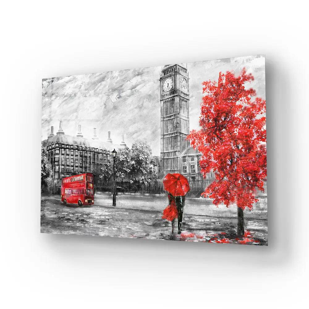 Street London Man Woman Under Red Umbrella Bus Road Glass Wall Art - CreoGlass E-Shop