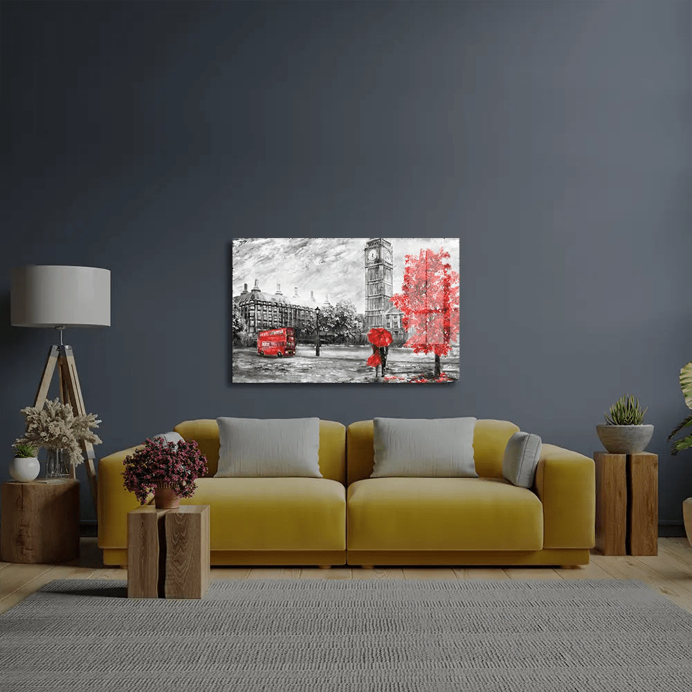 Street London Man Woman Under Red Umbrella Bus Road Glass Wall Art - CreoGlass E-Shop