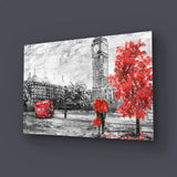 Street London Man Woman Under Red Umbrella Bus Road Glass Wall Art - CreoGlass E-Shop