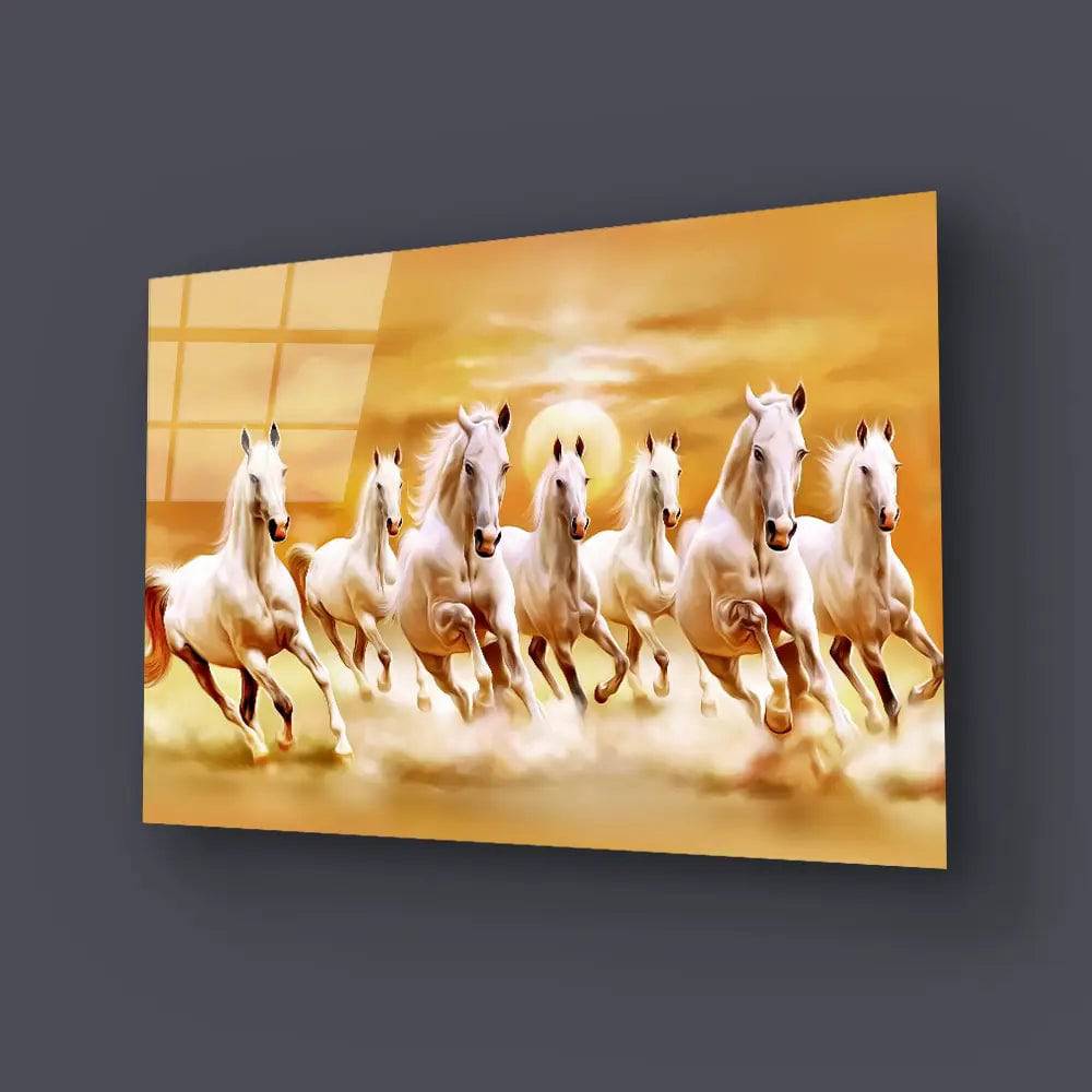 Sunrise White Seven Horse Running Glass Wall Art - CreoGlass E-Shop
