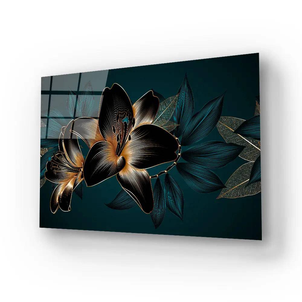 Vintage Elegant Luxury Gold Background Hand Drawn Lily Flowers Green Exotic Leaves Glass Wall Art - CreoGlass E-Shop
