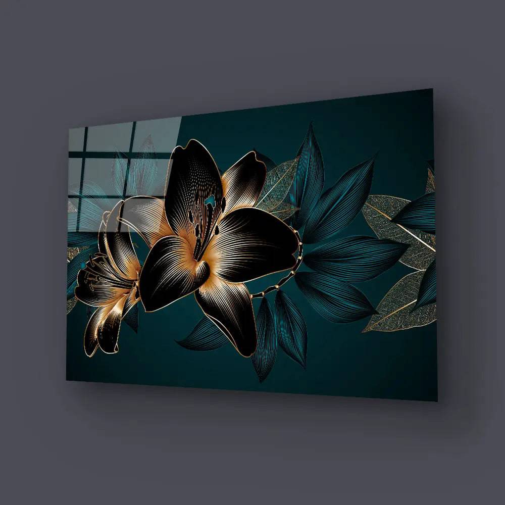 Vintage Elegant Luxury Gold Background Hand Drawn Lily Flowers Green Exotic Leaves Glass Wall Art - CreoGlass E-Shop